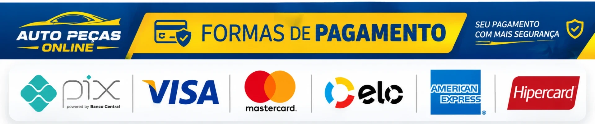 Formas de pagamento: PIX, Visa, Mastercard, Elo, American Express e Hipercard